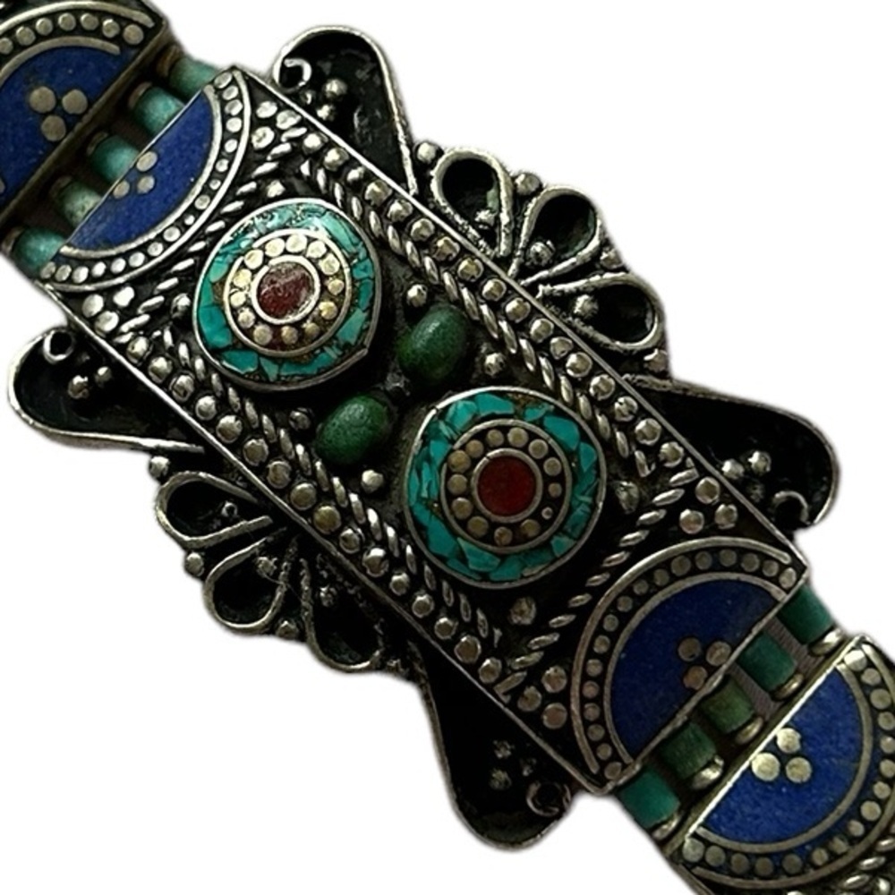 NEW Handmade Tibetan Silver with Genuine Lapis, Turquoise & Coral Bracelet. - Picture 2 of 8